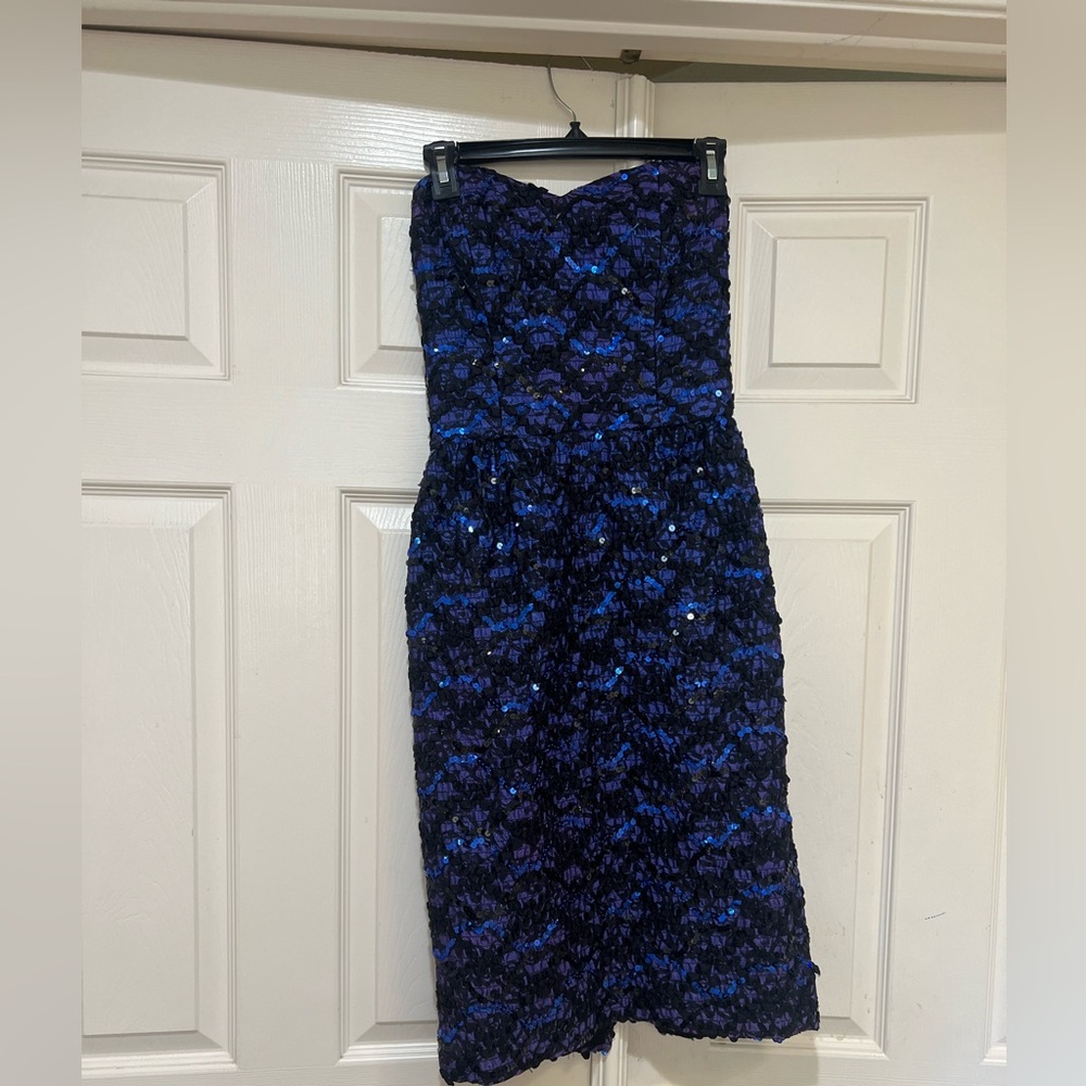 Vintage Victor Costa Navy Blue purple Ribbon work Sequin midi Dress size 6 USA‎